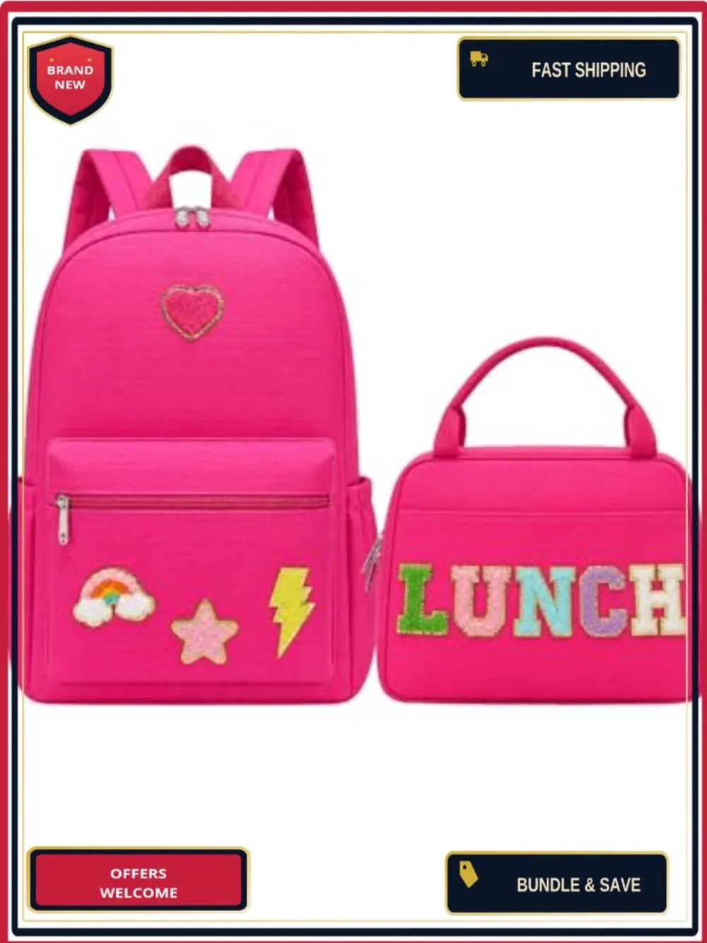 Girls Backpack & Lunch Bag Set with Chenille Patch, Oxford Material, Preppy